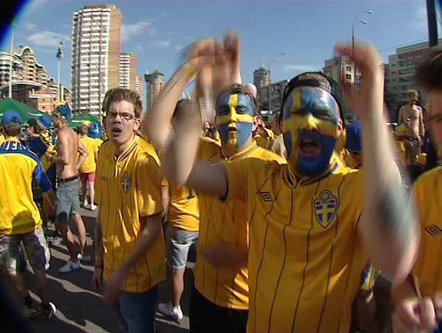 KIEV, UKRAINE - JUNE 11: Swedish fans celebrate the UEFA European Football Championship on June 11, 2012 in Kiev, Ukraine.