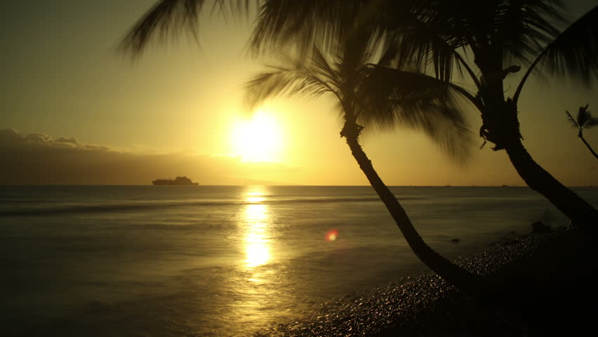 Palm Tree Coast Sunset, Maui Coast Facing Lanaii Island, Hawaii, Time Lapse