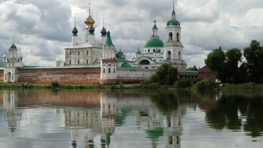 Spaso-Yakovlevsky monastery. Russia. Rostov the Great city. shot from a boat moving on the lake