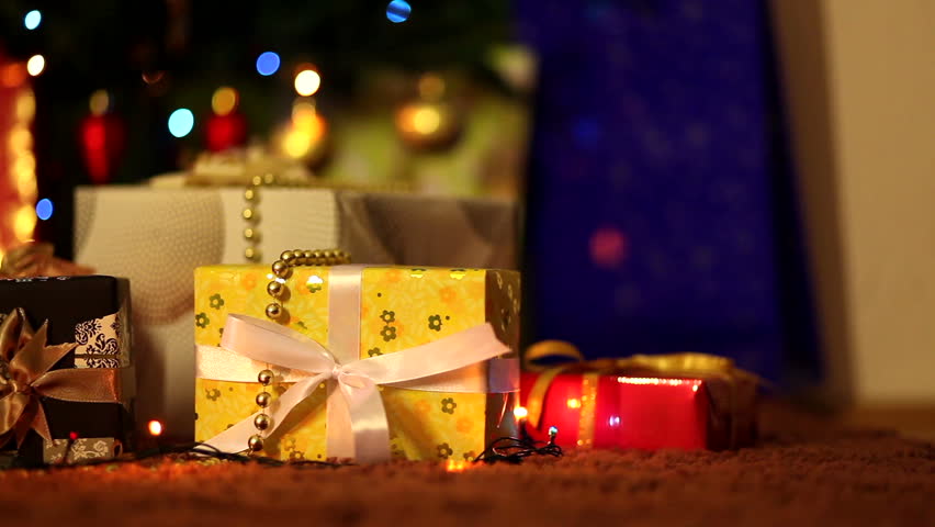 Close up of decorated Christmas tree with gifts