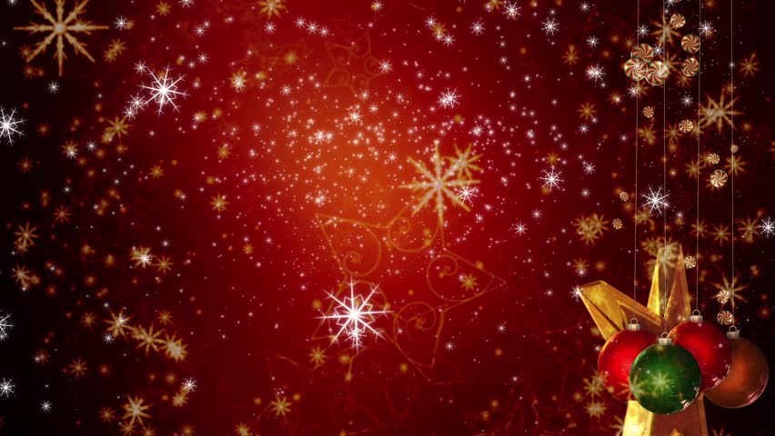 A mixture of Christmas elements against a red snowy background
