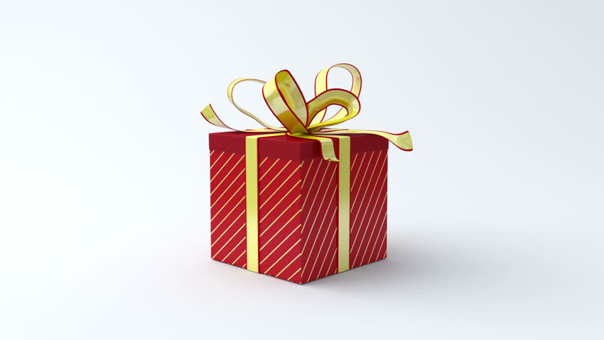 Red gift box with gold ribbon opening. Include alpha channel and color channel to key individual elements and tracking