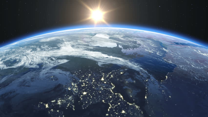 Beautiful Sunrise over the Earth. Cities at Night. HD 1080.