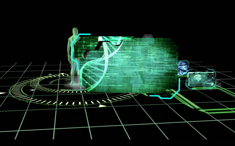 DNA brain and neuron interfaces appearign on background of revolving human figure