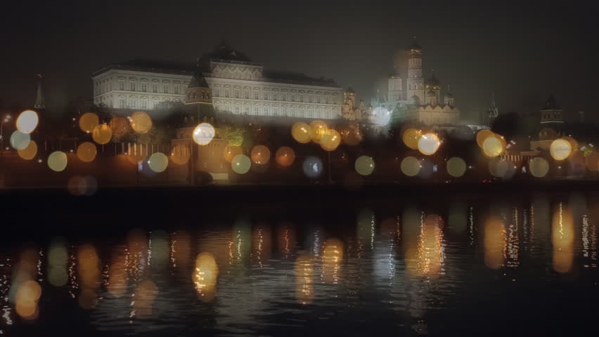 night view on the Kremlin embankment. Moscow, Russia,  bokeh
