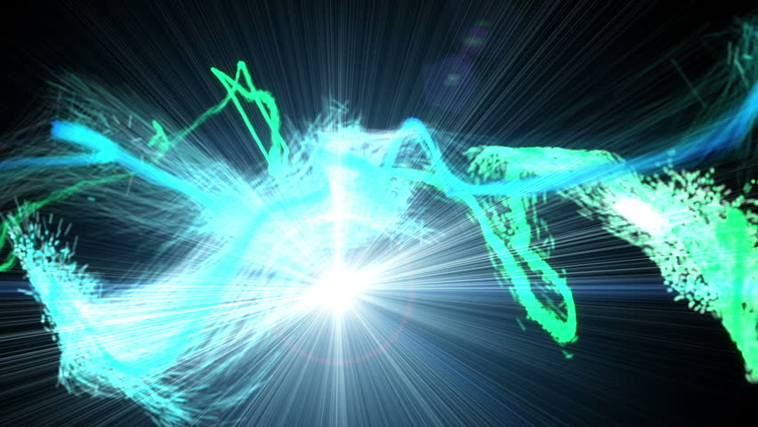 Animation of wavy coloured lines with flare at start then break up into small particles and fade out to darkness.