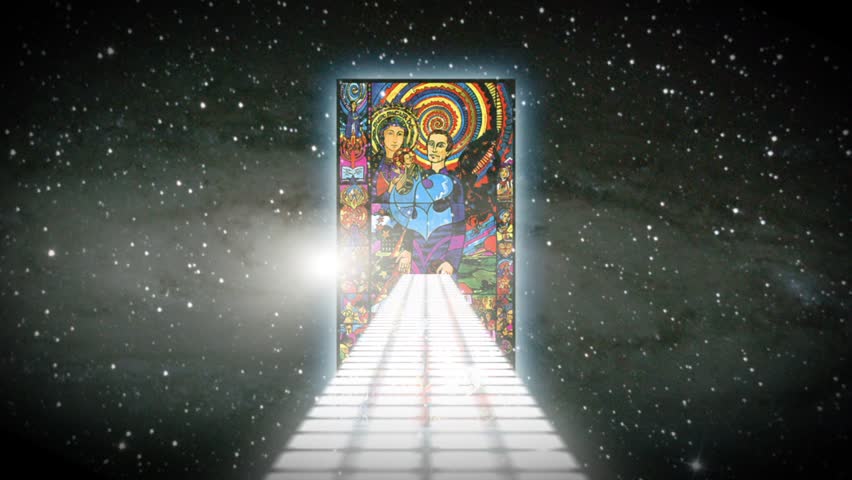 Glowing space walk leading to stained glass colourful window associated with history Christian church and apparition of priest father becoming one with painting with galaxy and stars background