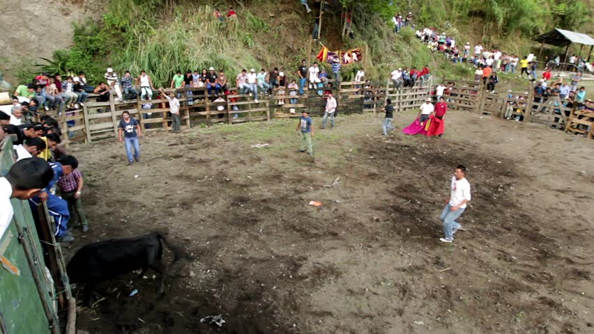 BANOS DE AGUA SANTA,ECUADOR - 28 OCTOBER 2012:Improvised bullfights for the city ceremony gives people the opportunity to try out their skills in bullfighting