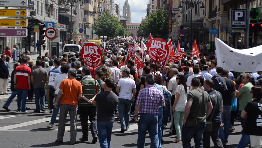 LEON, SPAIN - CIRCA JUNE 2012: Spanish miners protest against government budget cuts in Leon, northern Spain, circa june 2012.