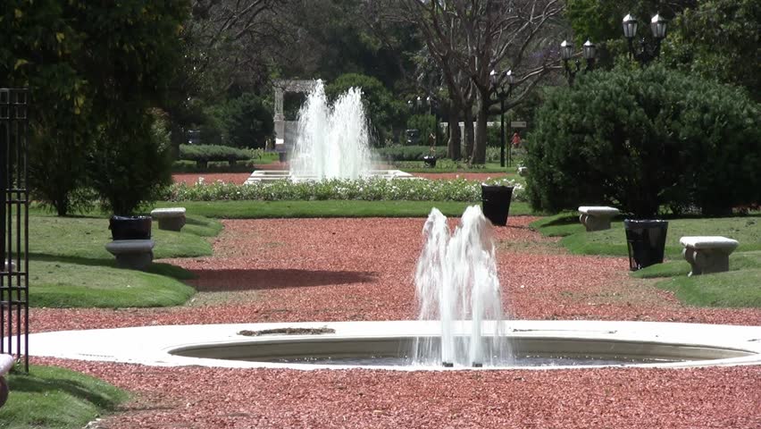 Fountains at an empty park, El Rosedal, Buenos Aires, Arg., closed for maintenance (source HDV 1080i, Can. HV30).