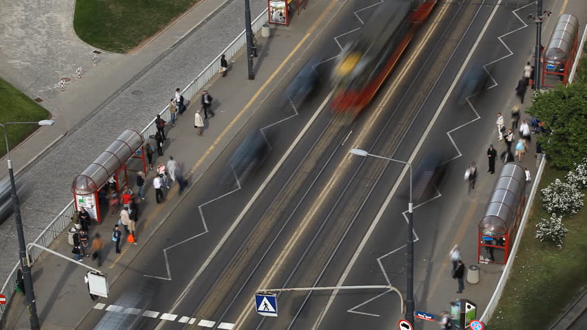 Warsaw Traffic Crowded Trasportation, Bus, Tramway, Polish Crowd People, time lapse