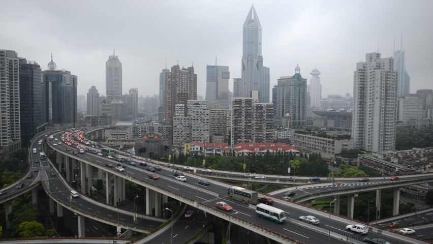 Aerial View of Shanghai Skyline, China, Yan'an East Road Overpass, blurred logos