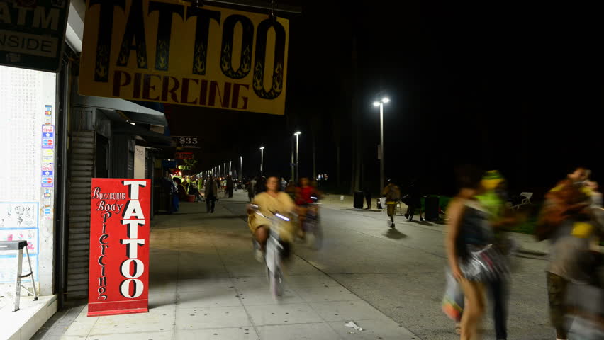 VENICE, CA - CIRCA OCTOBER 2012: Time lapse of pedestrians on the boardwalk circa October 2012 in Venice, CA.