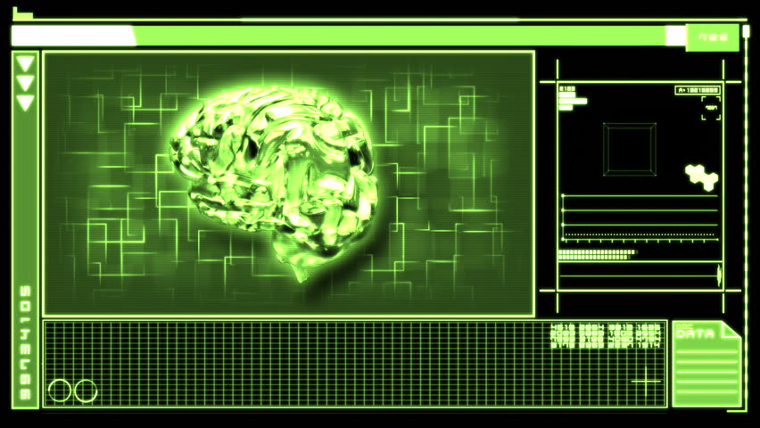 Medical digital interface featuring revolving green brain on black and green background