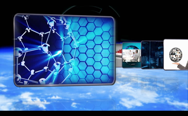 Animated videos of businesspeople global business and dna technology on blue and black earth surface background