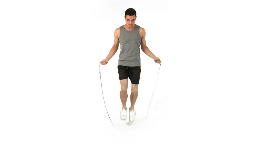 Man jumping with a skipping rope against a white background