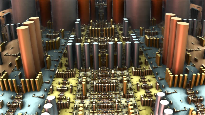 Virtual technologies. The loop  3D animation flight. Circuit board as city concept. 