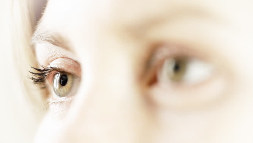 Macro view: open woman eyes with change focus