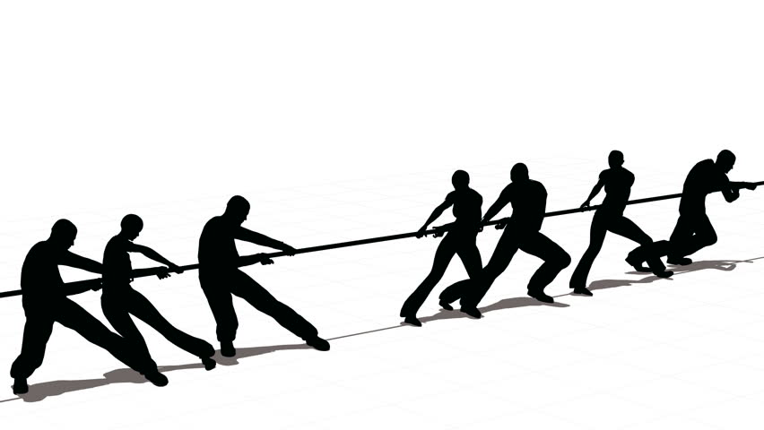 Silhouette three against four war rope contest rotate isolated