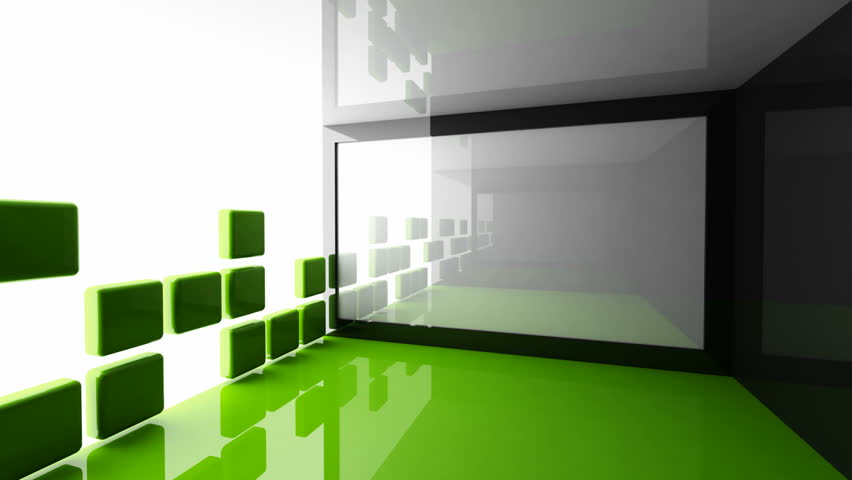 Modern green demo room interior with retractable white screen and beginning the show