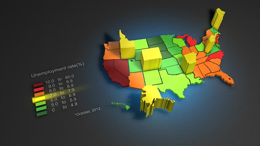 Animated infographic of US unemployment rate, October 2012 according to the Bureau of Labor Statistics Geographic Profile of Employment and Unemployment. 