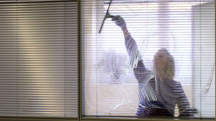 Woman at work, professional female cleaner cleaning and wiping window in office with detergent