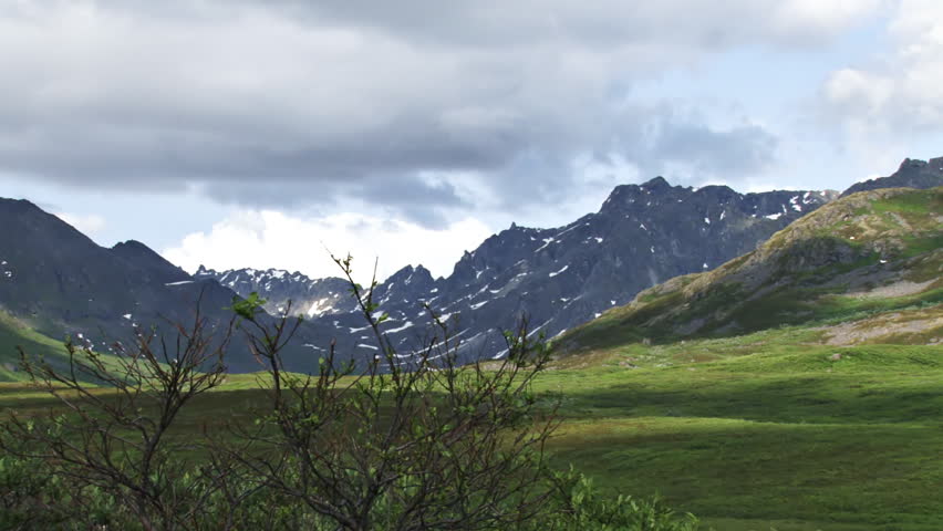 Looking northward up a mountain valley in Alaska, over Craigie Creek, near Hatcher Pass in the Talkeetna Mountains.