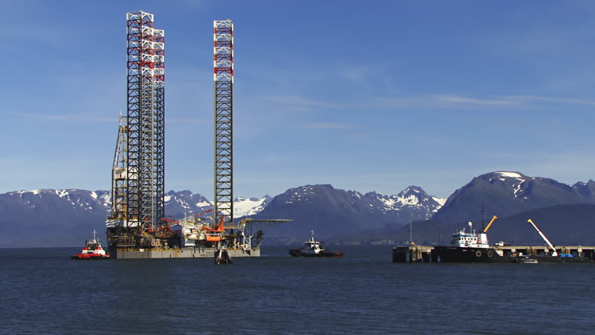 Timelapse of part of the event: Jack up rig Endeavour being towed to the deepwater dock at Homer, Alaska in Kachemak Bay for work preparatory to its deployment in nearby Cook Inlet.