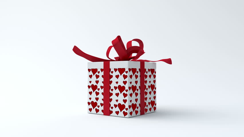 White gift box with red hearts opening. Include alpha channel and color channel to key individual elements and tracking