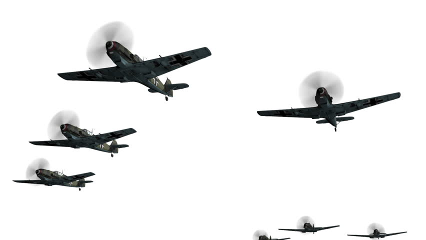 Messerschmitt BF109-E3 combat flight, bottom view, isolated on white, alpha mask included