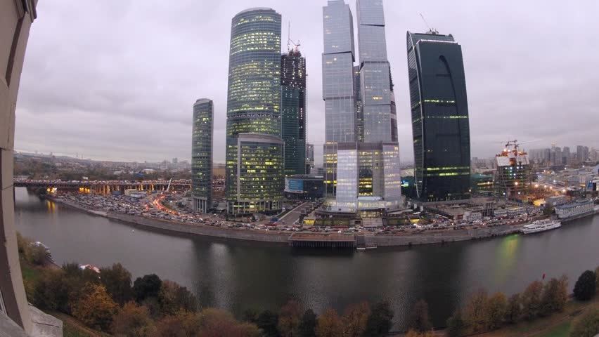 MOSCOW - OCT 10: (Time lapse) Moscow City seen from across the river. The Moscow IBC is expected to become the first zone in Russia to combine business activity, living space and entertainment