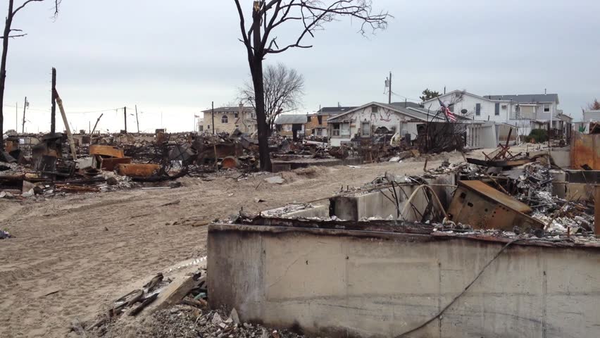 BREEZY POINT, QUEENS, NY-December 2, 2012: Video clip of wreckage and debris from homes destroyed by devastating fire during Hurricane Sandy.  111 homes were destroyed in the out-of-control blaze.
