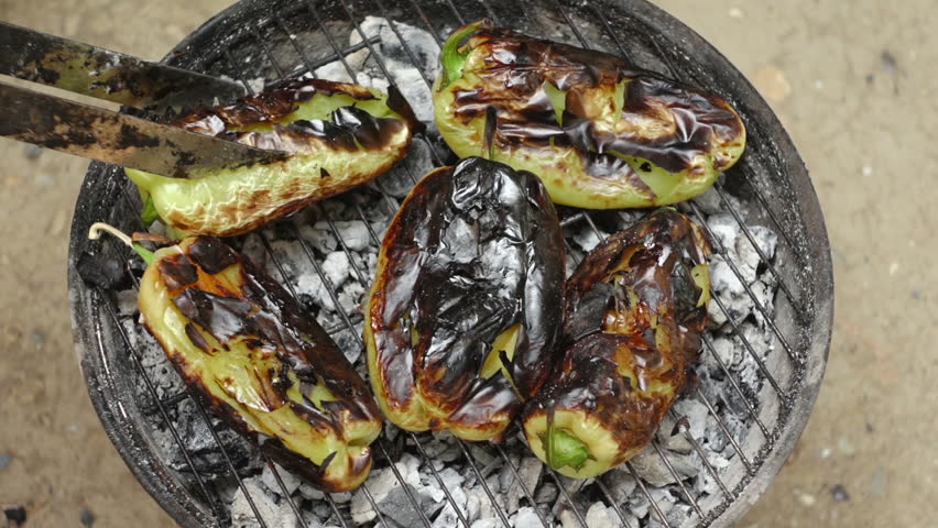 Super 35mm camera - fresh, green paprika on barbecue 