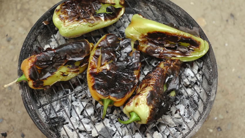 Super 35mm camera - fresh, green paprika on barbecue 