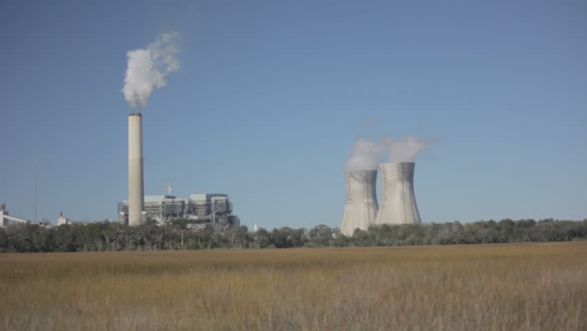 Assortment of cooling towers from power plant viewed across wetland