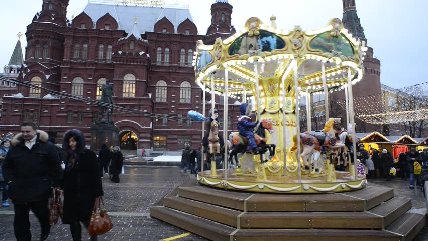 MOSCOW, RUSSIA - DECEMBER 29: Marche de Noel de Strasbourg a Moscow - The real Strasbourg Christmas market takes place in Moscow in front of the buildings of State Historical Museum and the Kremlin. 