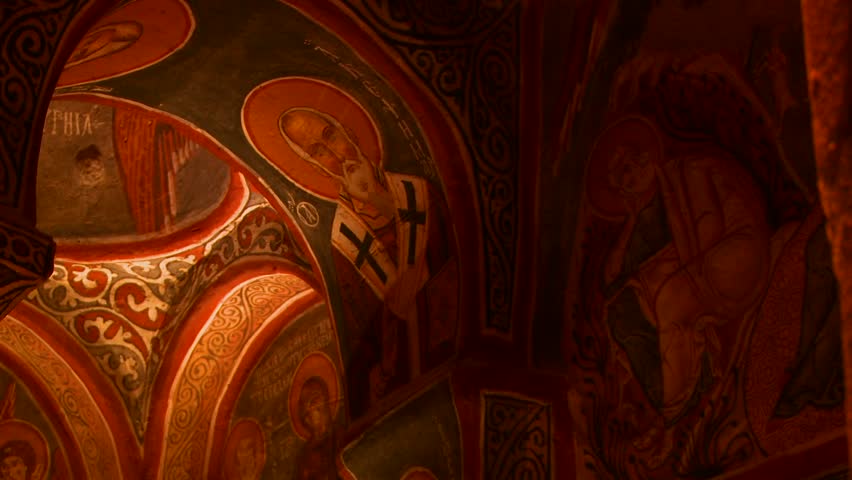 CAPPADOCIA, TURKEY, 2012 Low angle view of Christian painted ceilings in a cave near Cappadocia, Turkey.