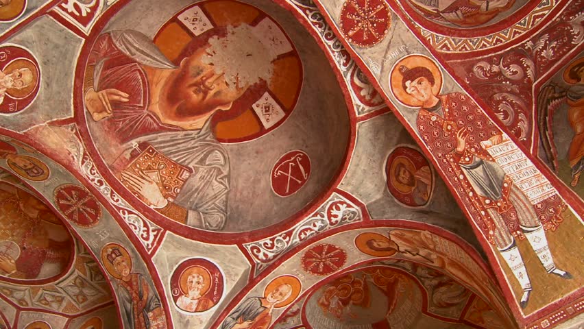 CAPPADOCIA, TURKEY, 2012 Low angle view of Christian painted ceilings in a cave near Cappadocia, Turkey.