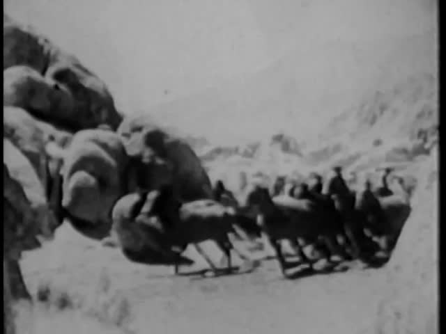 Cowboys herding horses through mountain region
