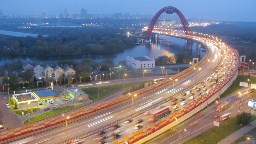MOSCOW - OCT 17: (Timelapse) Night traffic on highway junction in Moscow, on Oct 17, 2012 in Moscow, Russia. Zvenigorodskoe Highway junction was finished in 2008
