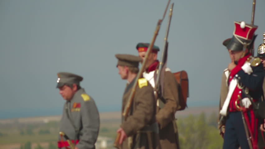 CRIMEA, UKRAINE â SEPTEMBER 29, 2012: Russian troops leave for a battle during reenactment of Battle of Alma (Crimean War 1853 - 1856) on a historical festival in Crimea.