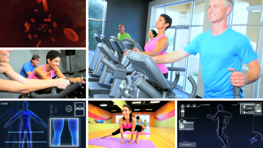 Montage images people using gym equipment for healthy lifestyle and CG digital graphics virtual bionic man and blood cells