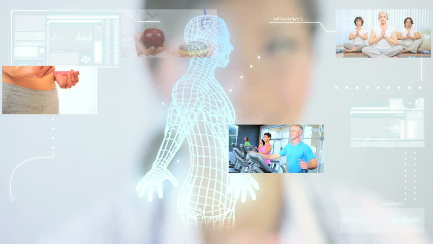 Montage images digital touch screen bionic man and medical research with people following healthy lifestyle