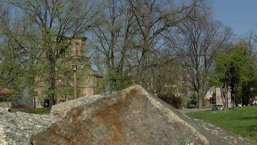 Serbian capital city Krusevac and orthodox church Lazarica from XIV century, pan shot