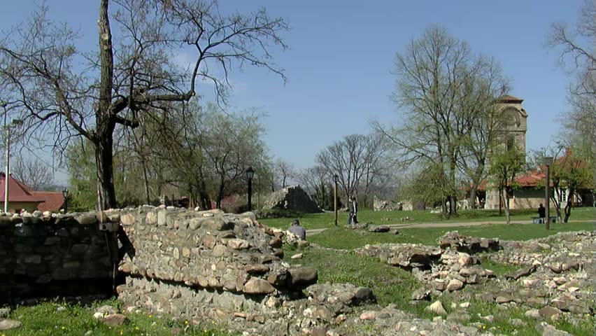 Serbian capital city Krusevac and orthodox church Lazarica from XIV century, pan shot