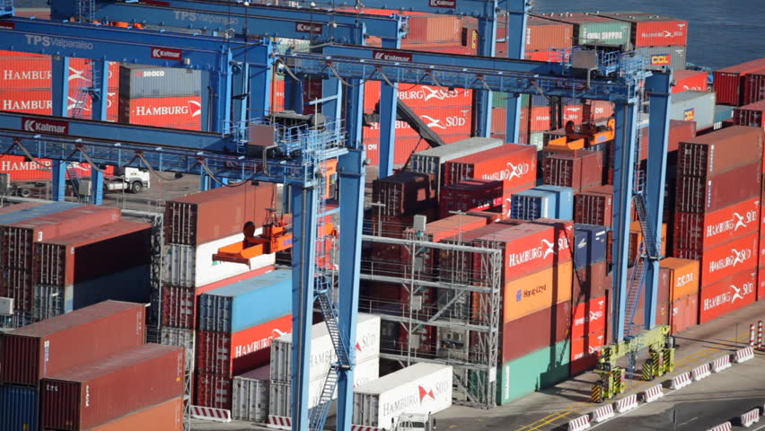 VALPARAISO, CHILE - JANUARY 29: Timelapse of cargo containers and RTG container cranes cranes in the port of Valparaiso on January 29, 2013 in Valparaiso, Chile. 
