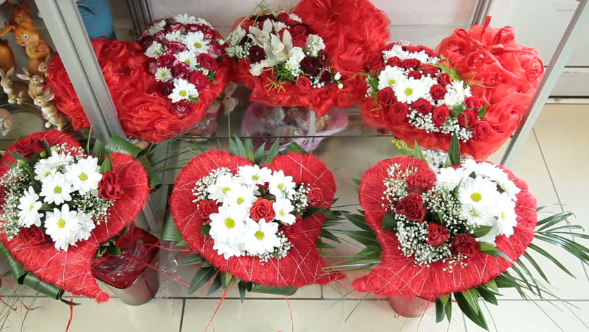 Valentines Day Flower Arrangements In Florist Shop, Tilt Up