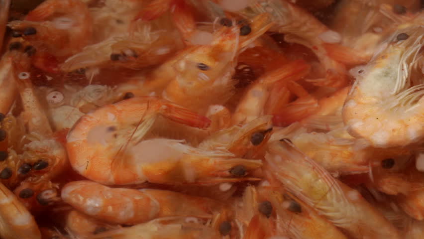Time lapse. Shrimp are simmered in a saucepan.