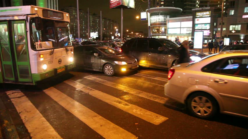 MOSCOW - JAN 14: The bus turns at the intersection where the collision occurred of two cars in Moscow Sokolniki 14.01.12