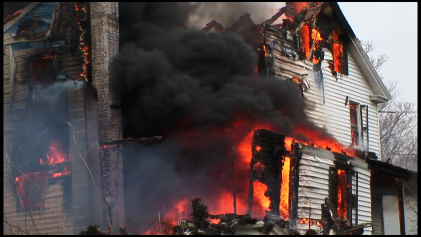 A home is completely destroyed by fire.